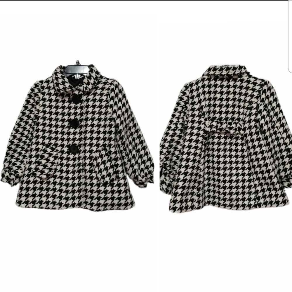 H&M Girl's Winter Coat Houndstooth Print Wool Blend Coat Size 3-4Y